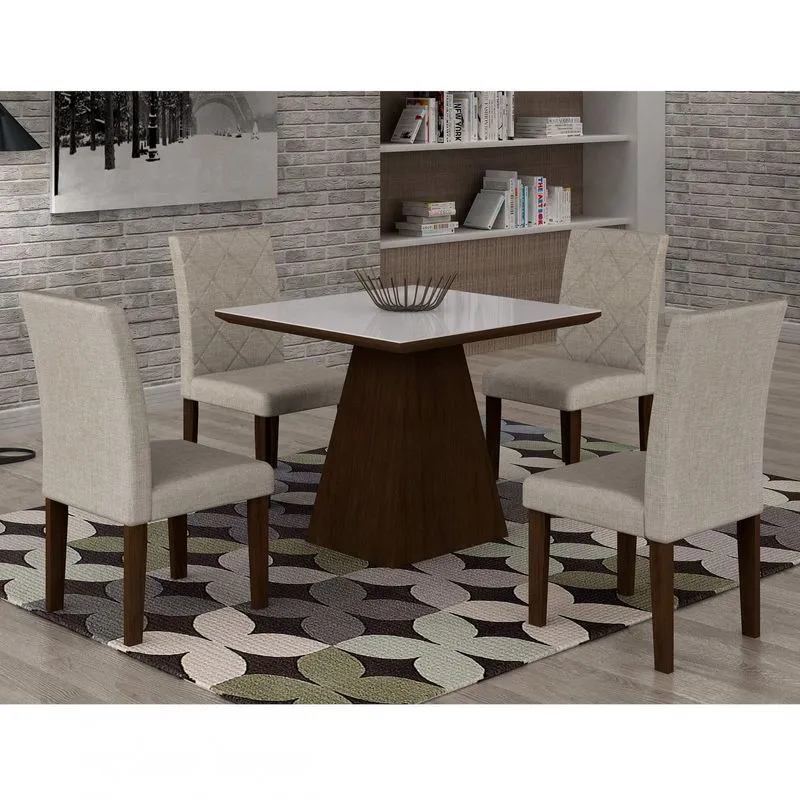 Conjunto Sala de Jantar Mesa Luna Tampo MDF/Vidro 90cm 4 Cadeiras Irlanda Rufato Castor/Branco/Turim