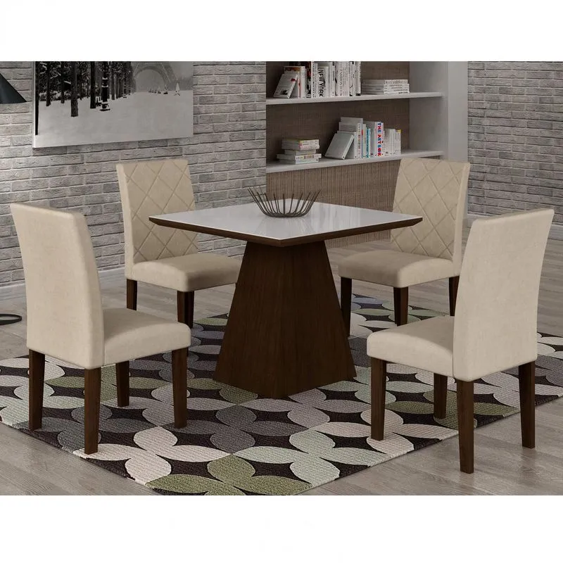 Conjunto Sala de Jantar Mesa Luna Tampo MDF/Vidro 90cm 4 Cadeiras Irlanda Rufato Castor/Branco/Veludo Creme