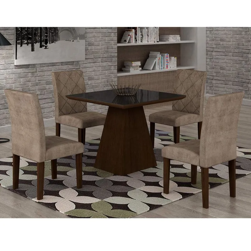 Conjunto Sala de Jantar Mesa Luna Tampo MDF/Vidro 90cm 4 Cadeiras Irlanda Rufato Castor/Preto/Animalle Chocolate