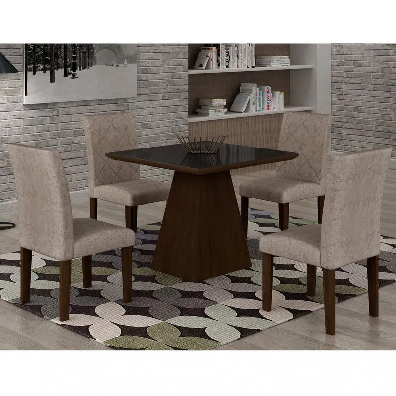 Conjunto Sala de Jantar Mesa Luna Tampo MDF/Vidro 90cm 4 Cadeiras Irlanda Rufato Castor/Preto/Suede Chocolate