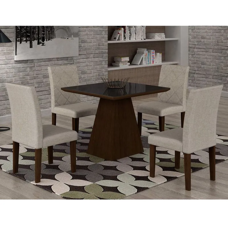 Conjunto Sala de Jantar Mesa Luna Tampo MDF/Vidro 90cm 4 Cadeiras Irlanda Rufato Castor/Preto/Turim