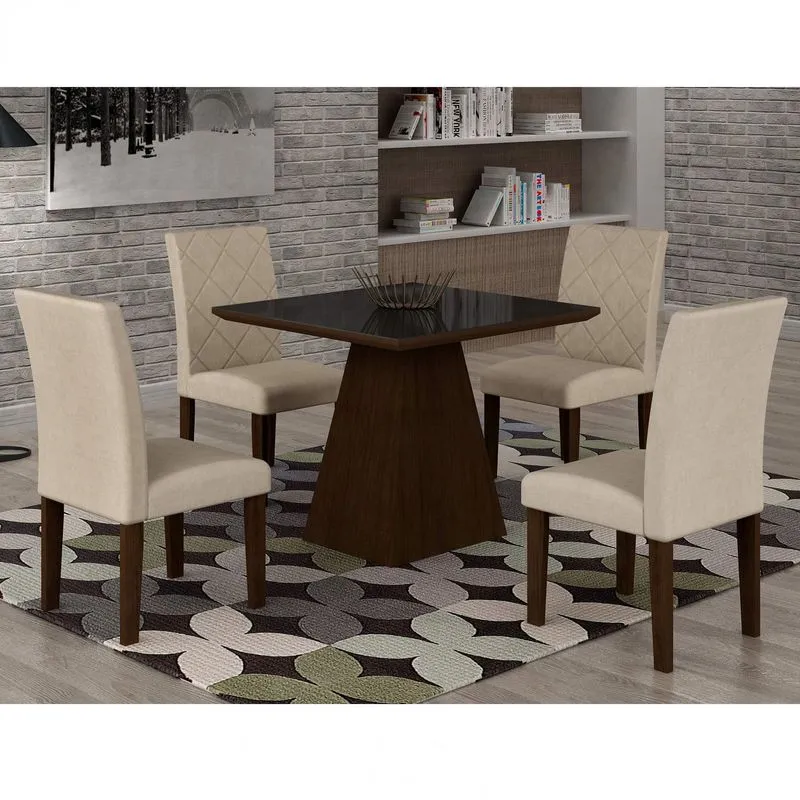 Conjunto Sala de Jantar Mesa Luna Tampo MDF/Vidro 90cm 4 Cadeiras Irlanda Rufato Castor/Preto/Veludo Creme
