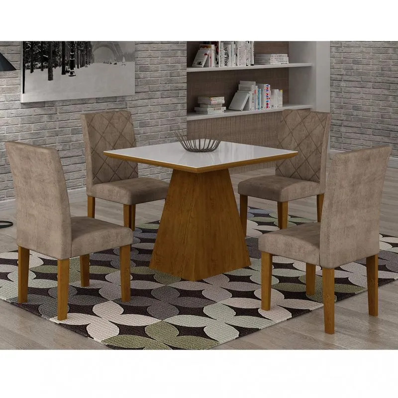 Conjunto Sala de Jantar Mesa Luna Tampo MDF/Vidro 90cm 4 Cadeiras Irlanda Rufato Imbuia/Branco/Animalle Chocolate