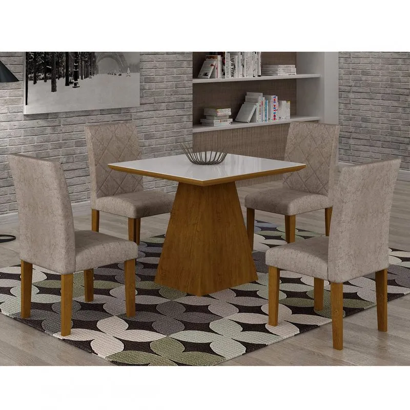 Conjunto Sala de Jantar Mesa Luna Tampo MDF/Vidro 90cm 4 Cadeiras Irlanda Rufato Imbuia/Branco/Suede Chocolate