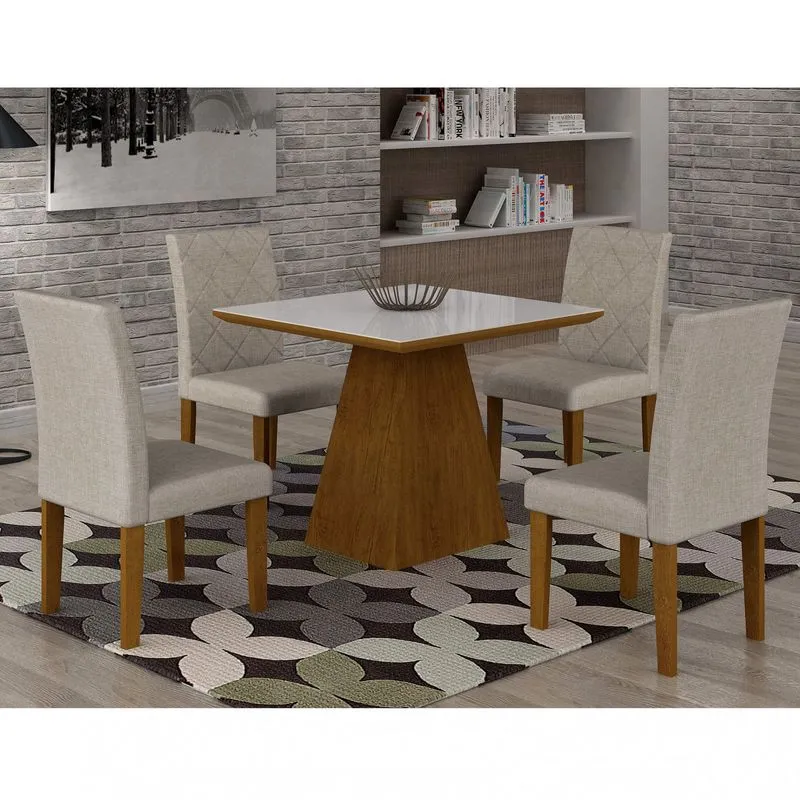 Conjunto Sala de Jantar Mesa Luna Tampo MDF/Vidro 90cm 4 Cadeiras Irlanda Rufato Imbuia/Branco/Turim