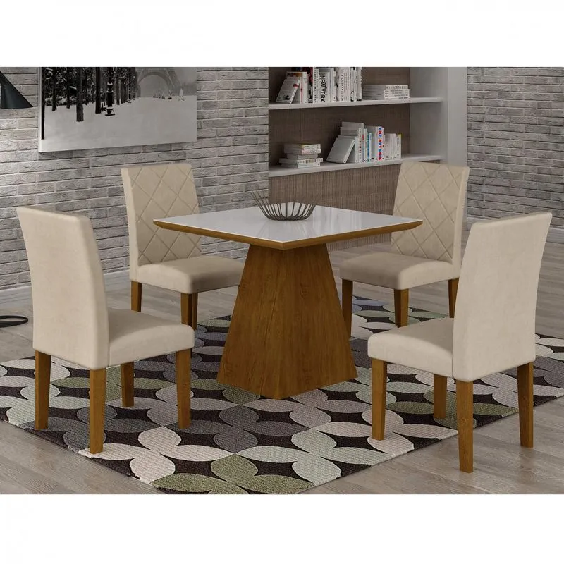Conjunto Sala de Jantar Mesa Luna Tampo MDF/Vidro 90cm 4 Cadeiras Irlanda Rufato Imbuia/Branco/Veludo Creme