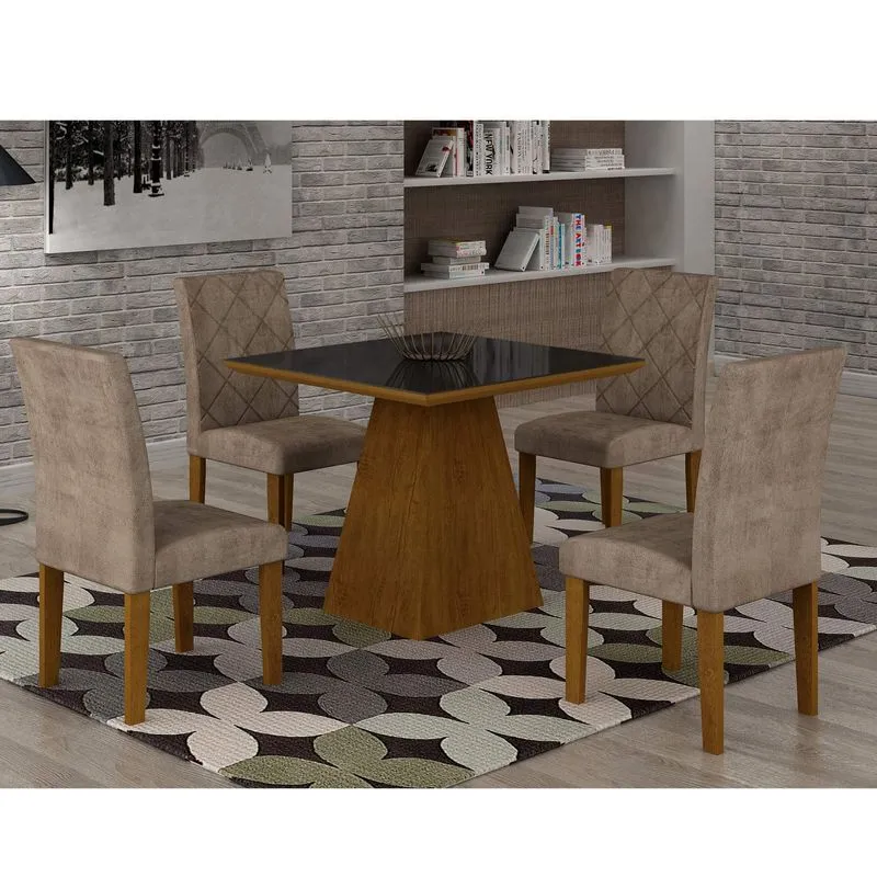 Conjunto Sala de Jantar Mesa Luna Tampo MDF/Vidro 90cm 4 Cadeiras Irlanda Rufato Imbuia/Preto/Animalle Chocolate