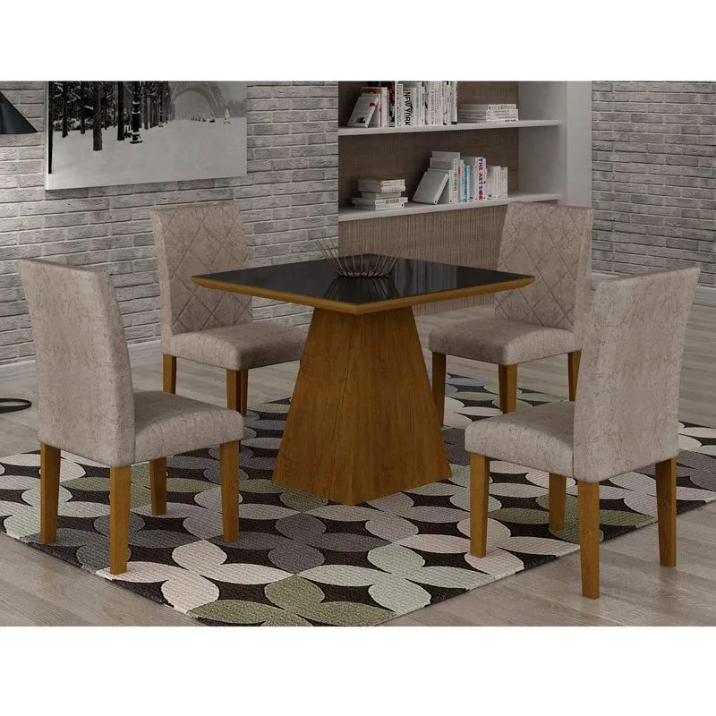 Conjunto Sala de Jantar Mesa Luna Tampo MDF/Vidro 90cm 4 Cadeiras Irlanda Rufato Imbuia/Preto/Suede Chocolate