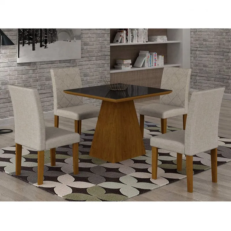 Conjunto Sala de Jantar Mesa Luna Tampo MDF/Vidro 90cm 4 Cadeiras Irlanda Rufato Imbuia/Preto/Turim