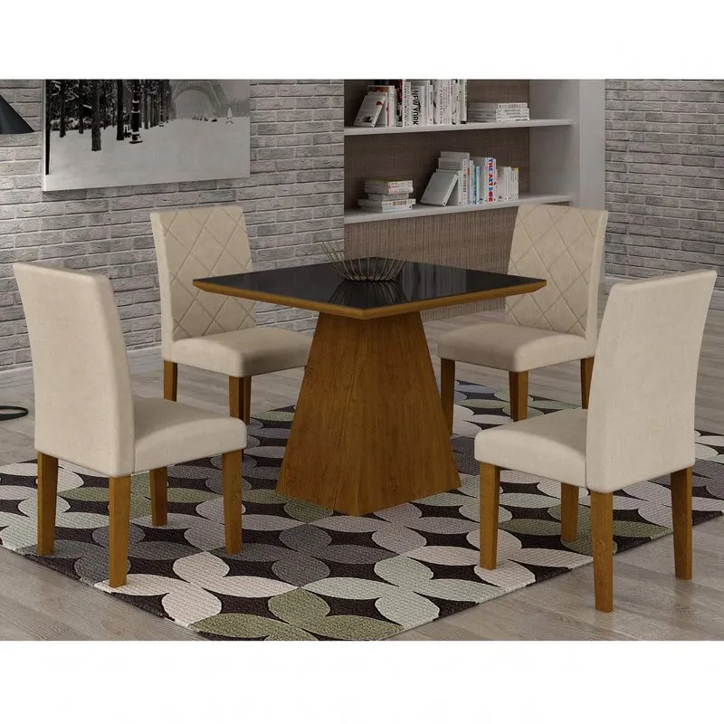 Conjunto Sala de Jantar Mesa Luna Tampo MDF/Vidro 90cm 4 Cadeiras Irlanda Rufato Imbuia/Preto/Veludo Creme