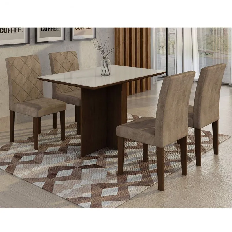 Conjunto Sala de Jantar Mesa Irlanda Tampo MDF/Vidro 120cm 4 Cadeiras Irlanda Rufato Castor/Branco/Animalle Chocolate