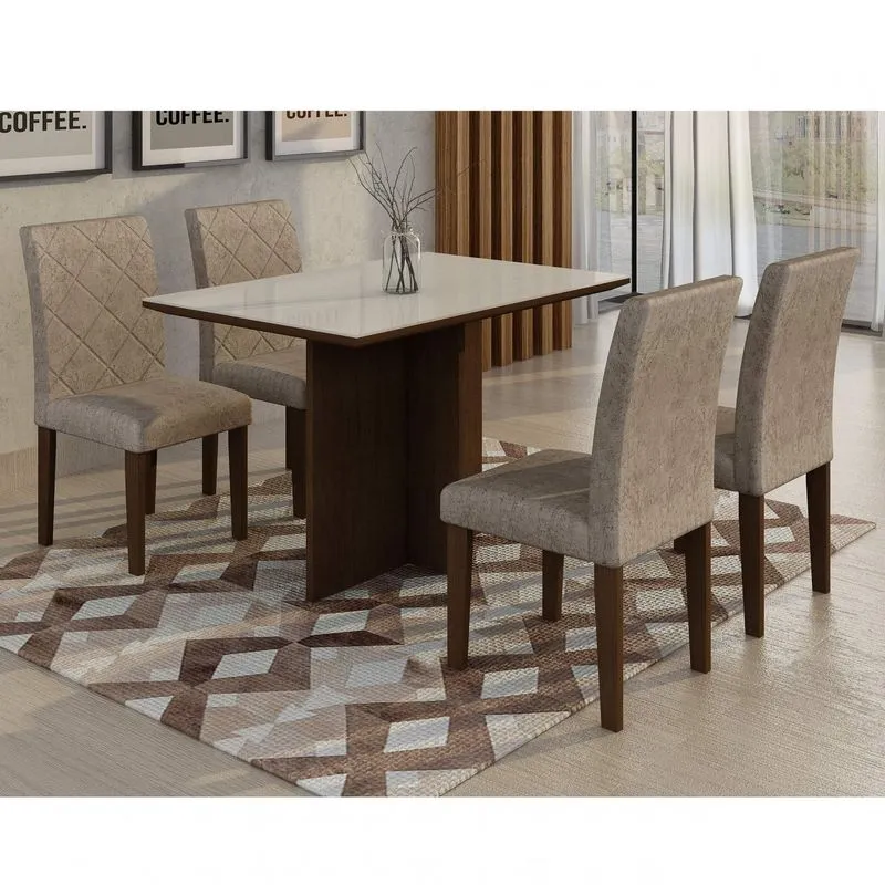 Conjunto Sala de Jantar Mesa Irlanda Tampo MDF/Vidro 120cm 4 Cadeiras Irlanda Rufato Castor/Castor/Suede Amassado Chocolate