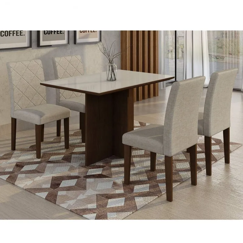 Conjunto Sala de Jantar Mesa Irlanda Tampo MDF/Vidro 120cm 4 Cadeiras Irlanda Rufato Castor/Branco/Turim