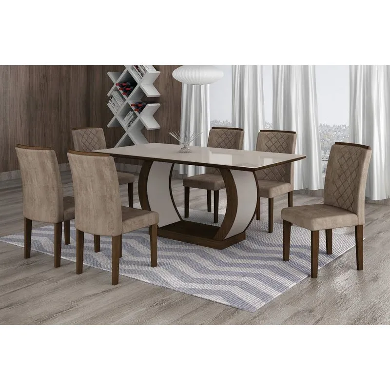 Conjunto Sala de Jantar Mesa Tampo MDF/Vidro 180cm 6 Cadeiras Luanda Rufato Castor/Animalle Chocolate