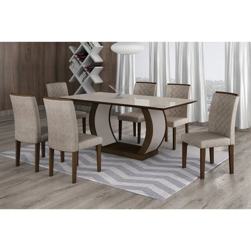 Conjunto Sala de Jantar Mesa Tampo MDF/Vidro 180cm 6 Cadeiras Luanda Rufato Castor/Suede Chocolate