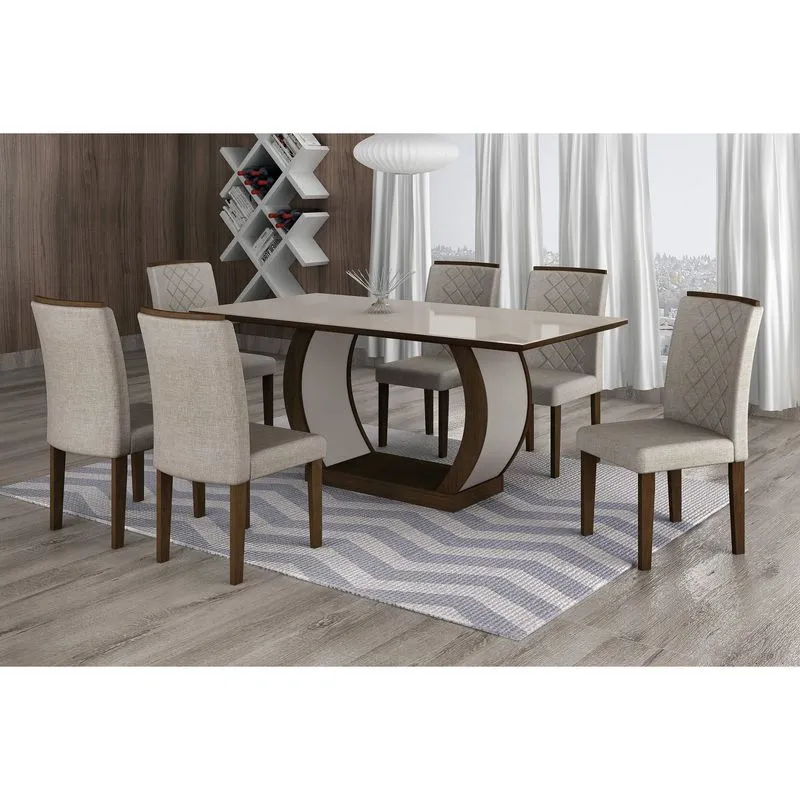 Conjunto Sala de Jantar Mesa Tampo MDF/Vidro 180cm 6 Cadeiras Luanda Rufato Castor/Turim