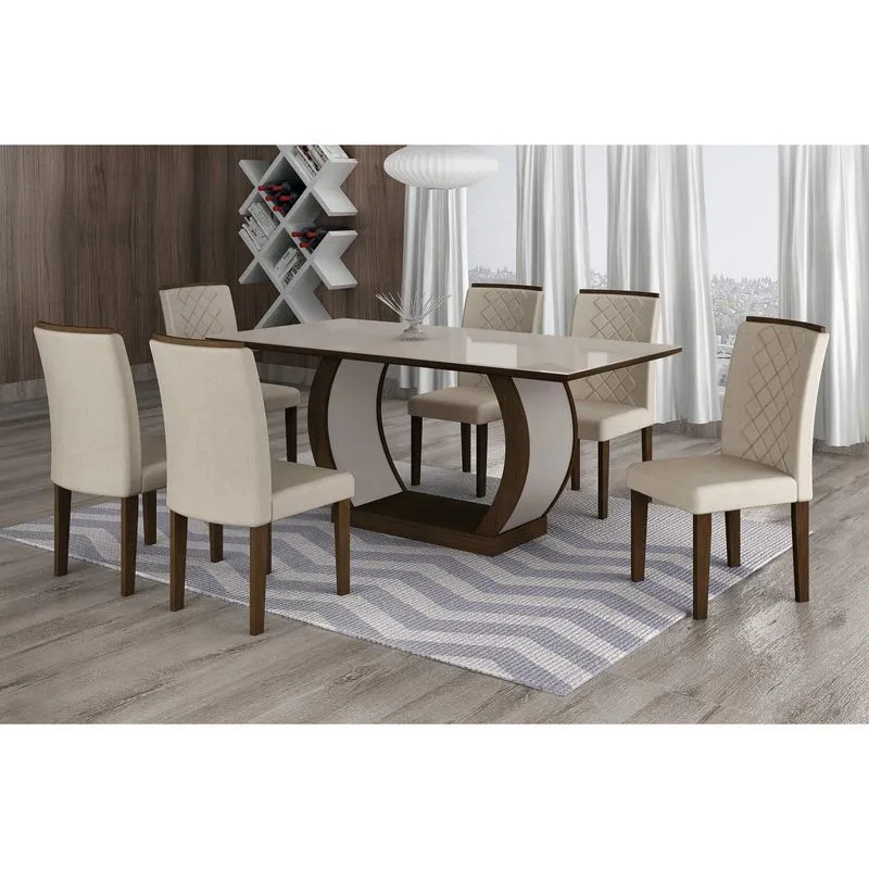 Conjunto Sala de Jantar Mesa Tampo MDF/Vidro 180cm 6 Cadeiras Luanda Rufato Castor/Veludo Creme