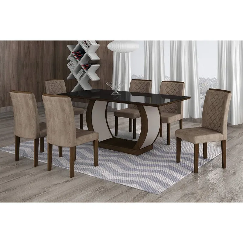 Conjunto Sala de Jantar Mesa Tampo MDF/Vidro 180cm 6 Cadeiras Luanda Rufato Castor/Preto/Animalle Chocolate