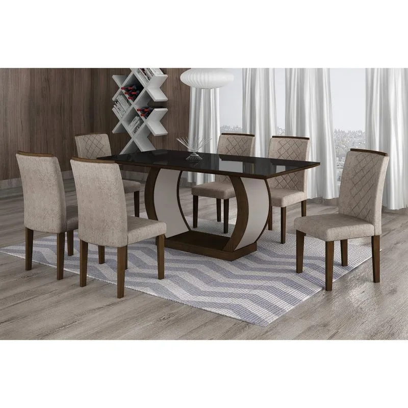Conjunto Sala de Jantar Mesa Tampo MDF/Vidro 180cm 6 Cadeiras Luanda Rufato Castor/Suede Chocolate
