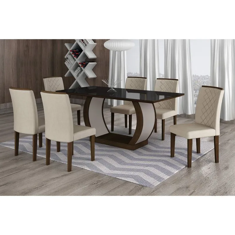 Conjunto Sala de Jantar Mesa Tampo MDF/Vidro 180cm 6 Cadeiras Luanda Rufato Castor/Veludo Creme