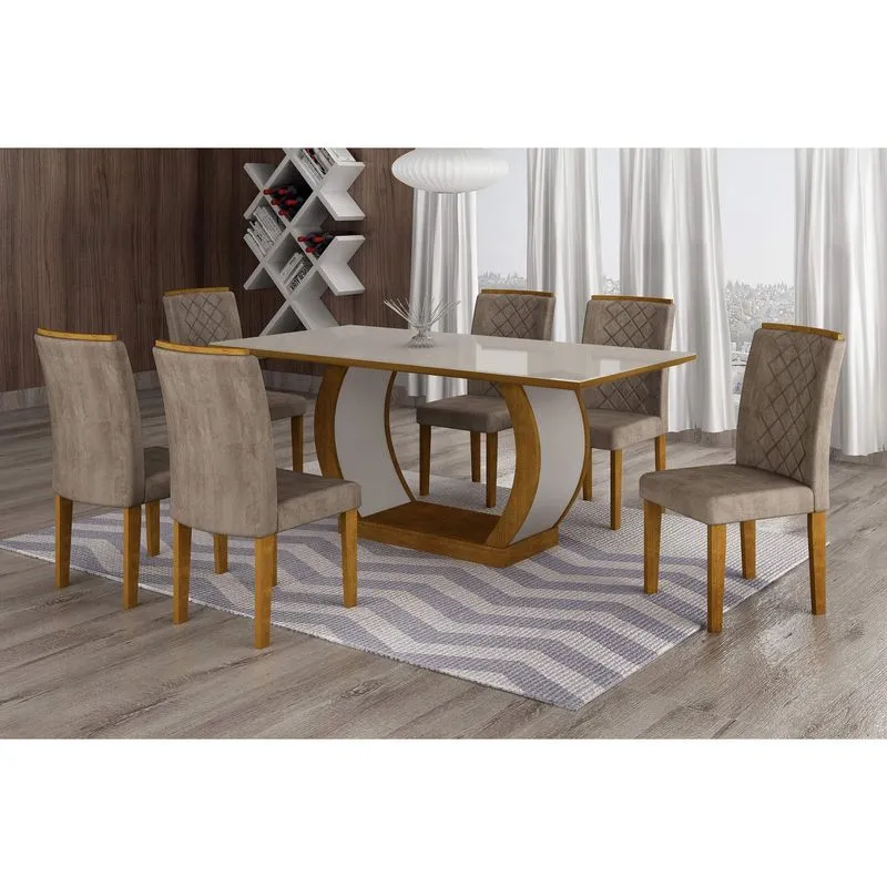 Conjunto Sala de Jantar Mesa Tampo MDF/Vidro 180cm 6 Cadeiras Luanda Rufato Imbuia/Animalle Chocolate