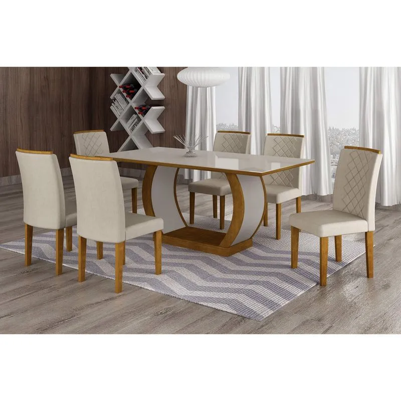 Conjunto Sala de Jantar Mesa Tampo MDF/Vidro 180cm 6 Cadeiras Luanda Rufato Imbuia/Veludo Creme
