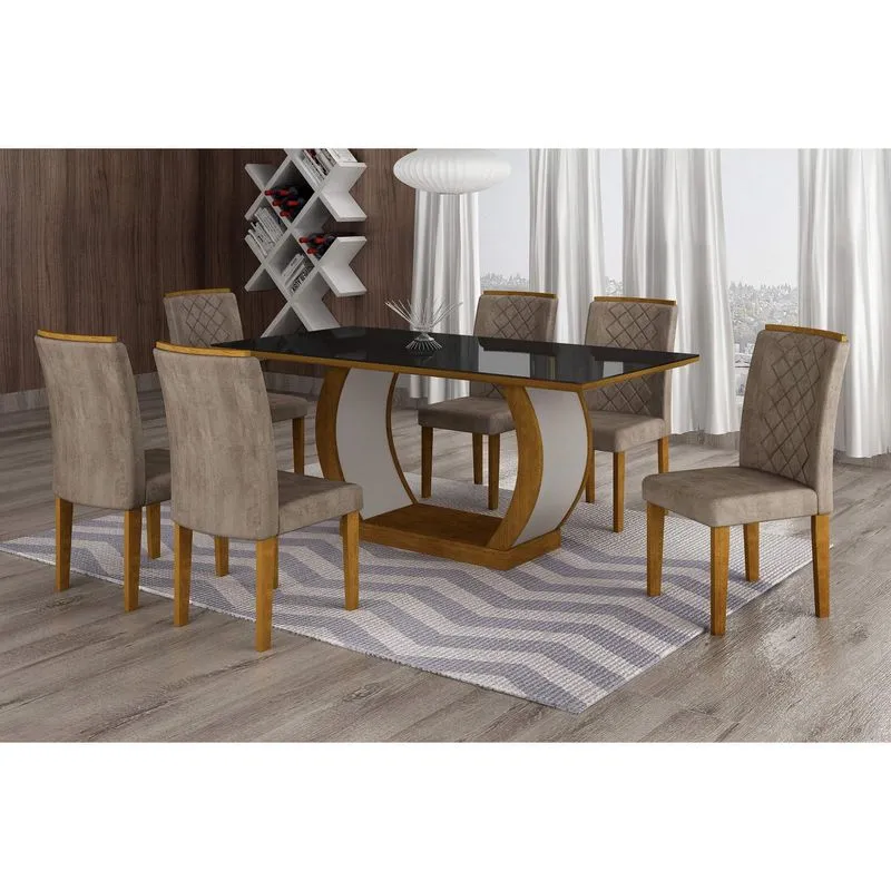 Conjunto Sala de Jantar Mesa Tampo MDF/Vidro 180cm 6 Cadeiras Luanda Rufato Imbuia/Preto/Animalle Chocolate