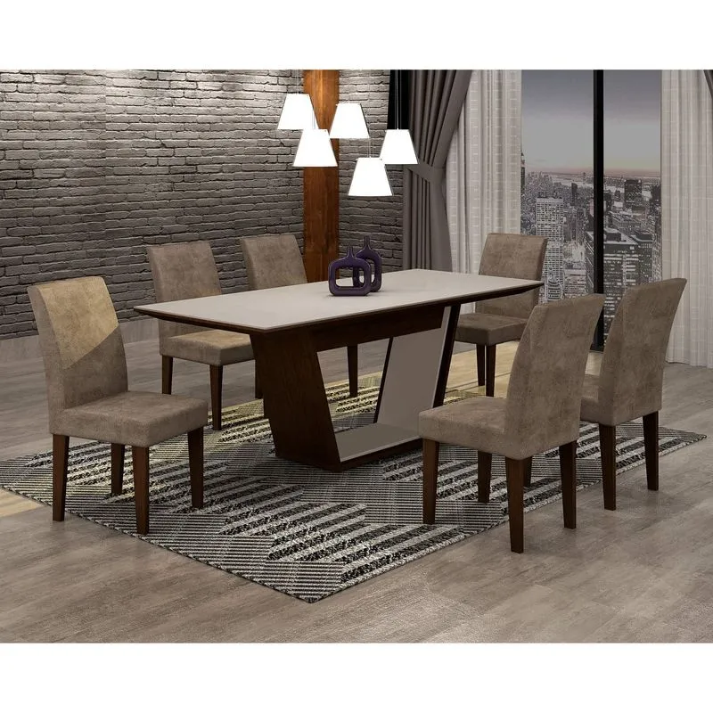 Conjunto Sala de Jantar Mesa Tampo MDF/Vidro 180cm e 6 Cadeiras Alice Rufato Castor/Off White/Animalle Chocolate
