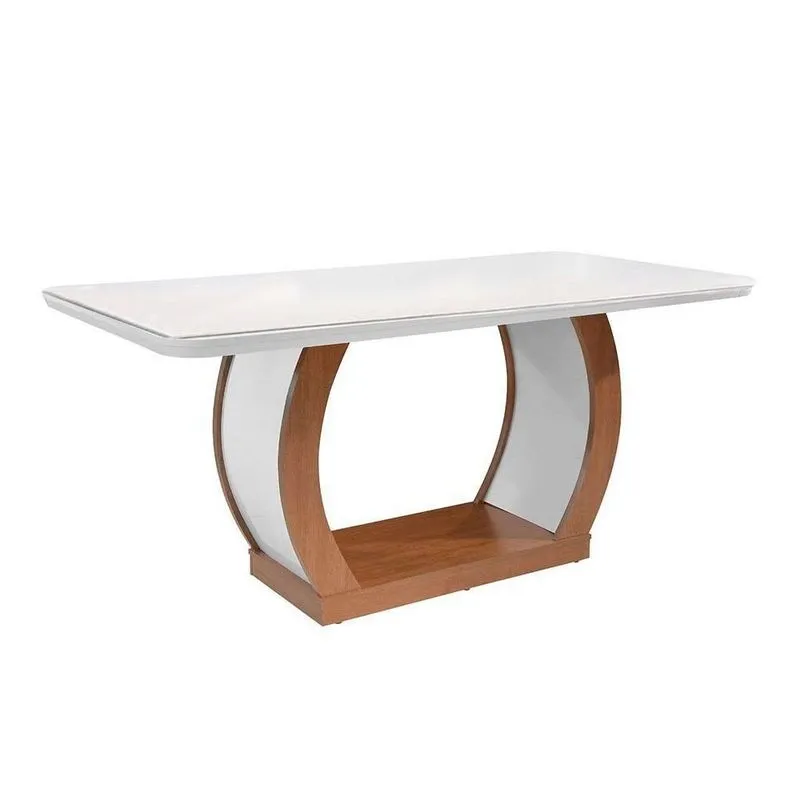 Mesa de Sala Jantar Jade c/ Tampo 180x90cm Madeirado Vidro Canto Curvo - Imbuia/Off White - Rufato