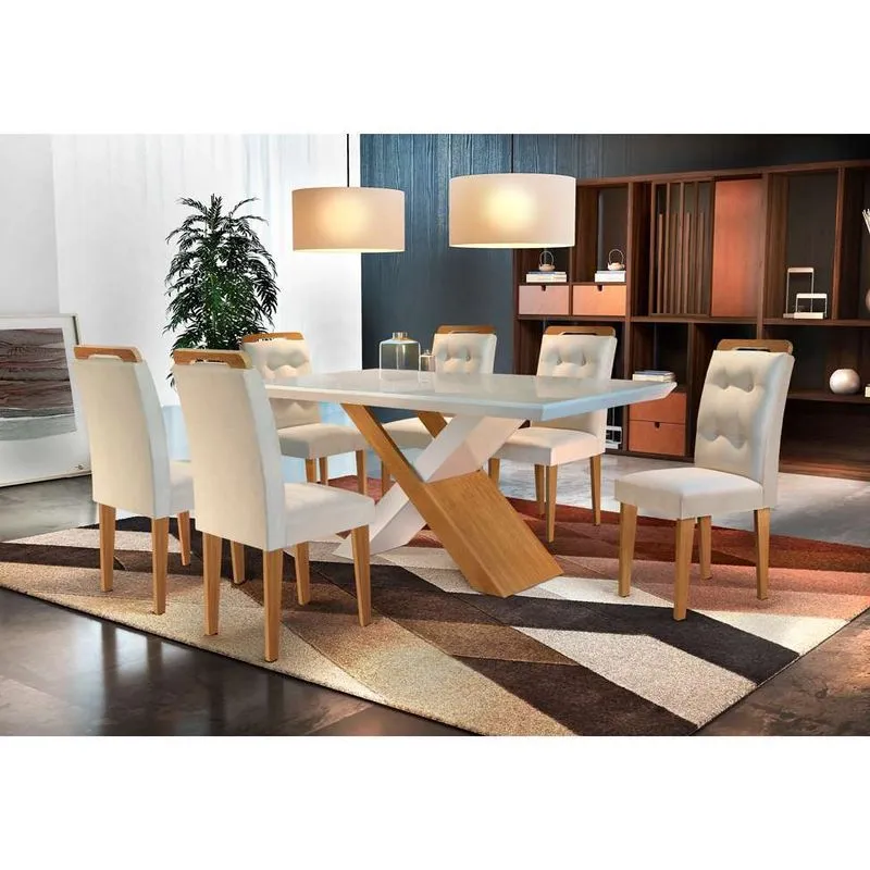 Conjunto de Mesa de Jantar com Vidro e 6 Cadeiras Rufato Imperatriz MDF Veludo Off White