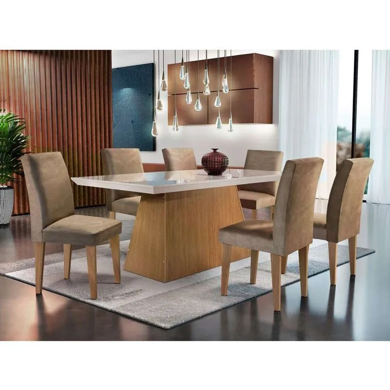 Conjunto de Mesa de Jantar com Vidro e 6 Cadeiras Grécia Luna MDF Veludo Chocolate