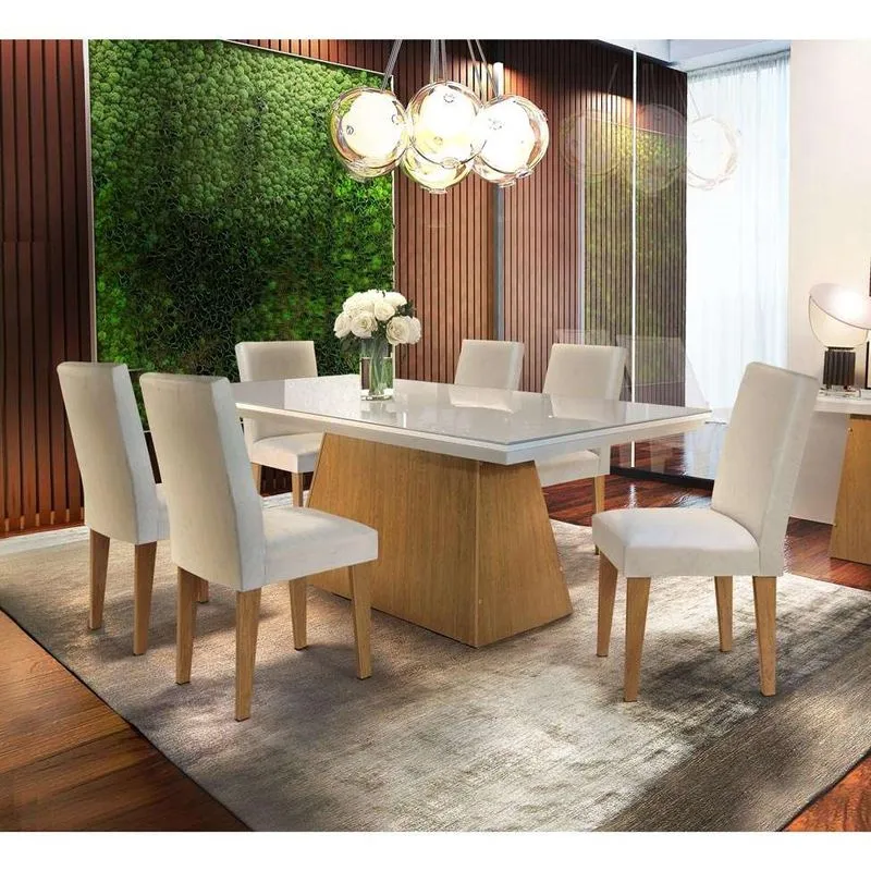 Conjunto de Mesa de Jantar com Vidro e 6 Cadeiras Rufato Luna Grécia MDF Veludo Off White