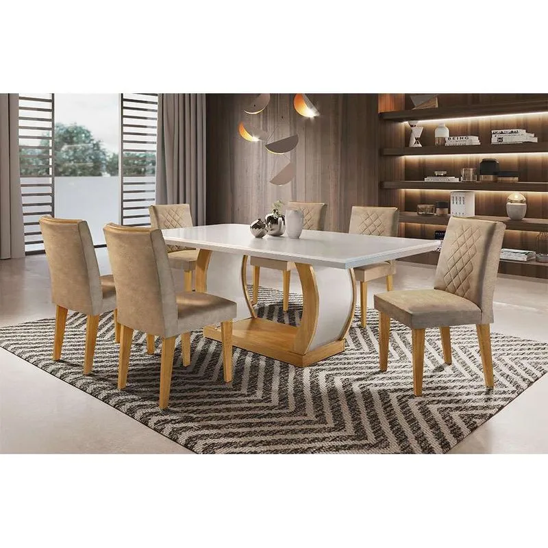 Conjunto de Mesa de Jantar com 6 Cadeiras Estofadas Modern Maia MDF Off White e Chocolate