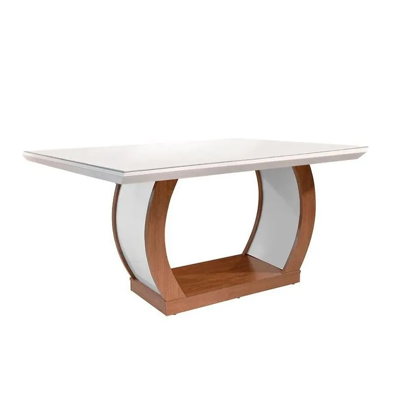 Mesa de Sala Jantar Jade c/ Tampo 180x90cm Madeirado Vidro Canto Curvo - Imbuia/Off White - Rufato