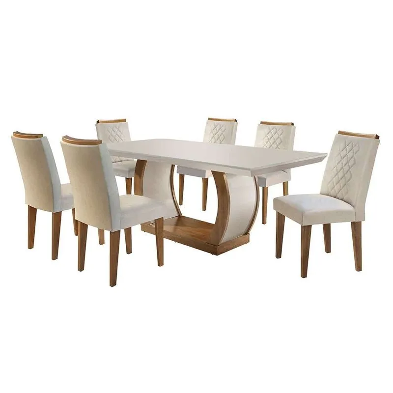 Conjunto de Mesa de Jantar com Tampo de Vidro e 6 Cadeiras Modern Maia MDF e Veludo Off-white