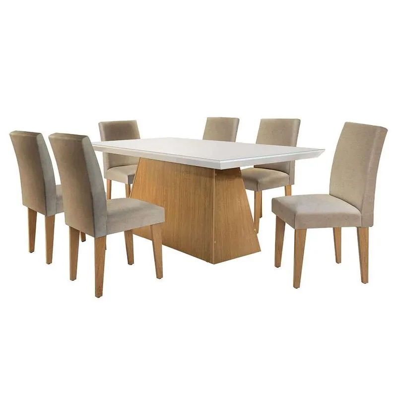 Conjunto de Mesa de Jantar com Tampo de Vidro Luna e 6 Cadeiras Grécia MDF Linho Bege e Imbuia