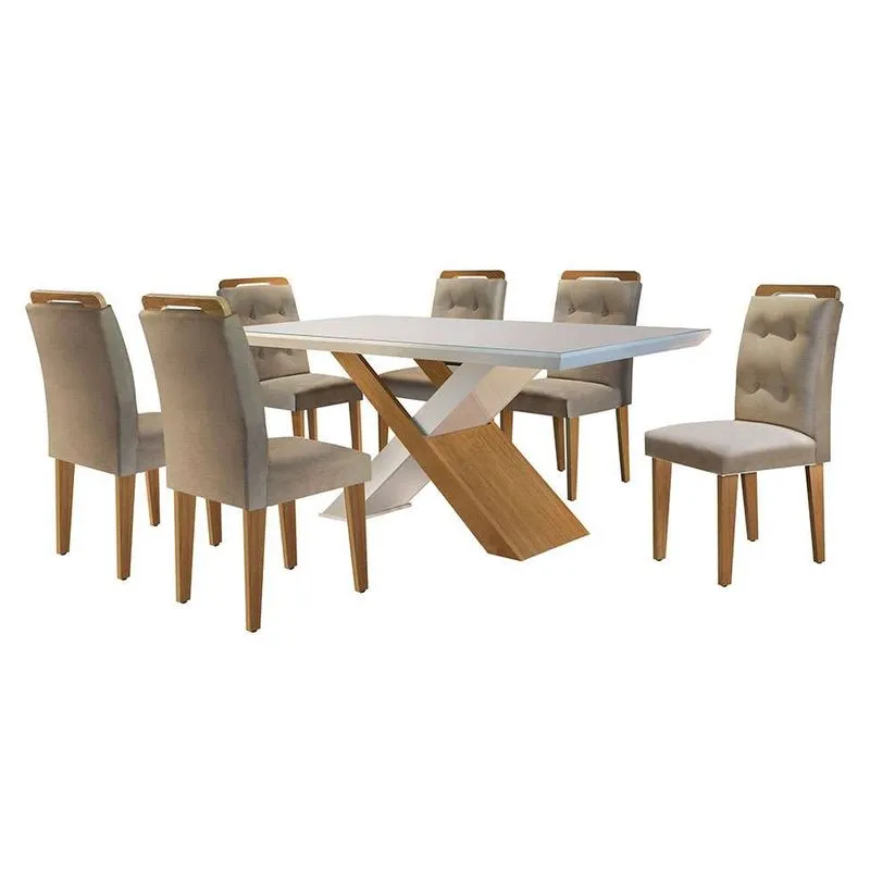 Conjunto de Mesa de Jantar com Tampo de Vidro Imperatriz Alvorada MDF 6 Cadeiras Linho Bege e Imbuia