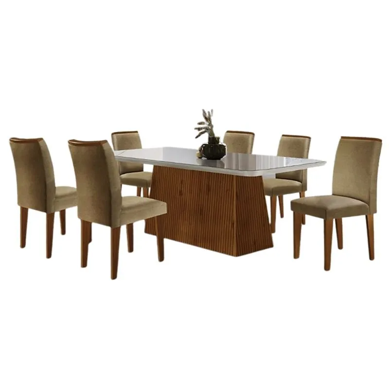Conjunto Mesa Luna 180cm Tampo Com Vidro 6 Cadeiras Lunara Turim 07 Off White Imbuia Rufato