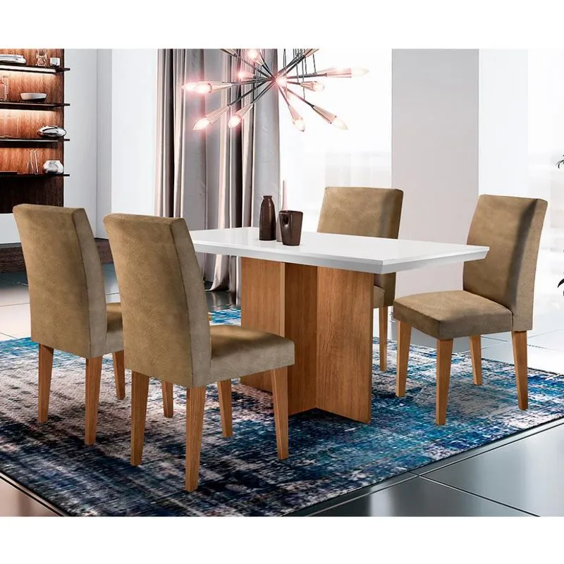Conjunto de Mesa de Jantar Ane com 4 Cadeiras Estofadas Grécia I Animalle Off White e Chocolate