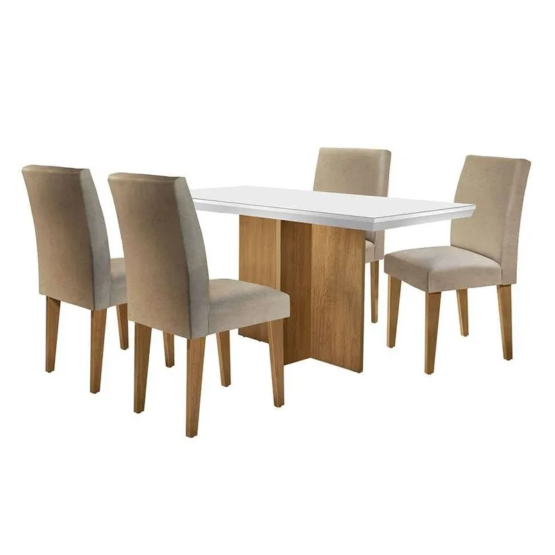 Conjunto de Mesa de Jantar Ane e 4 Cadeiras Grécia MDF Linho Bege e Off White