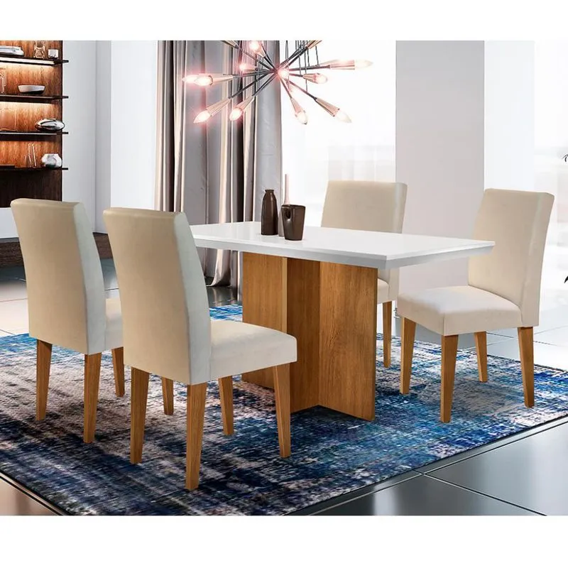 Conjunto de Mesa de Jantar Ane com 4 Cadeiras Grécia Estofadas Veludo Off White