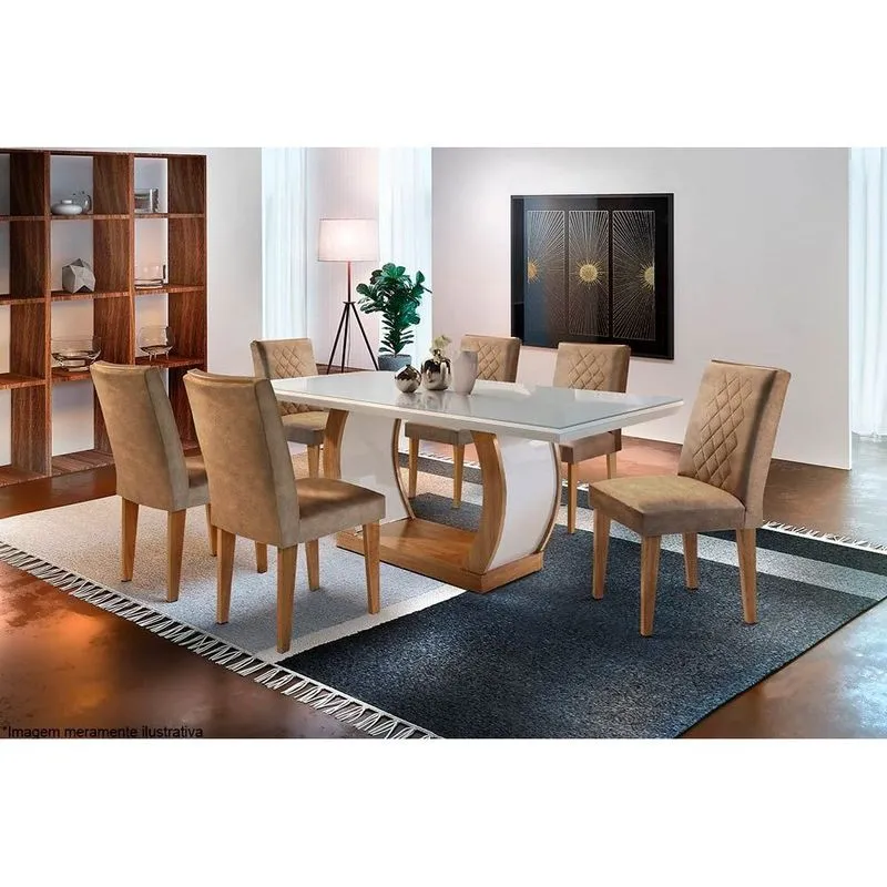 Sala de Jantar Completa Jade Tampo Madeirado c/ Vidro Canto Reto 180x90cm e 6 Cadeiras Jade Imbuia/Off White - Suede Capuccino - Rufato