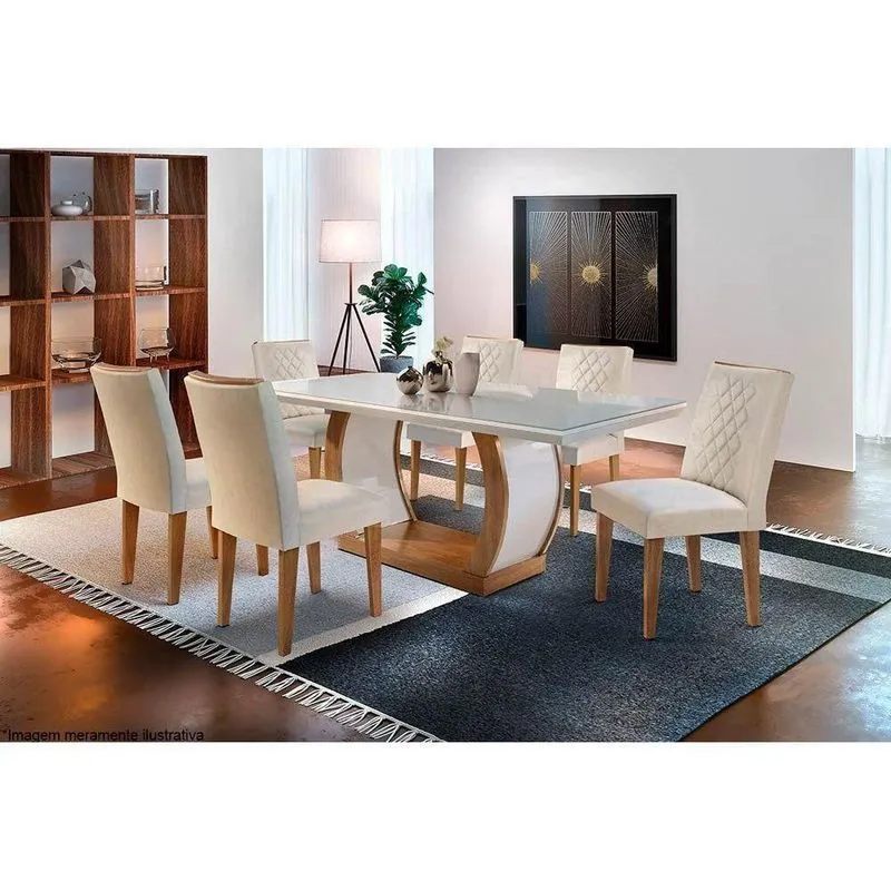 Sala De Jantar Completa c/ Tampo Madeirado c/ Vidro Canto Reto 180cm + 6 Cadeiras Imbuia/ow/creme