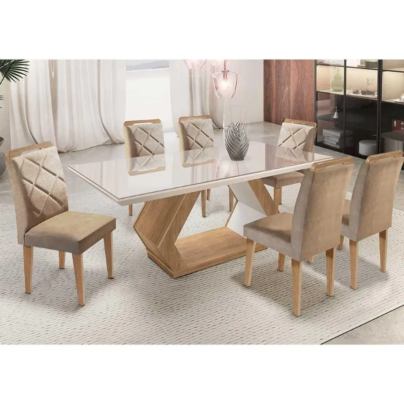Mesa Alvorada 180 Tp Mdf Vidro Canto Reto 6 Cadeiras Rufato E Imbuia E Off Serig Off