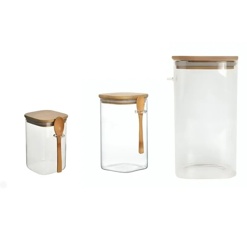 3 Potes De Vidro Com Tampa De Madeira E Colher De Madeira Yoss