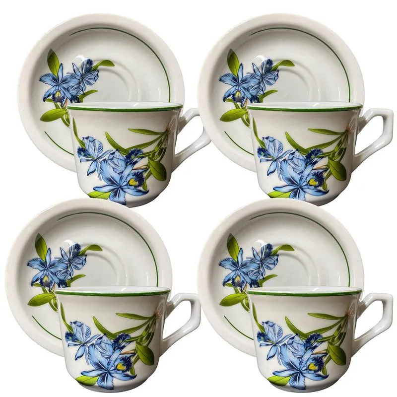 Xicara De Chá Com Pires 150 Ml 04 Peças Decorada Porcelana