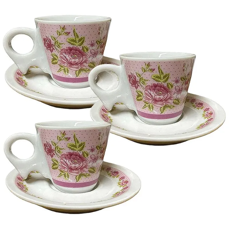 Jogo De Xicaras De Cafe Com Pires Decorado Porcelana 501