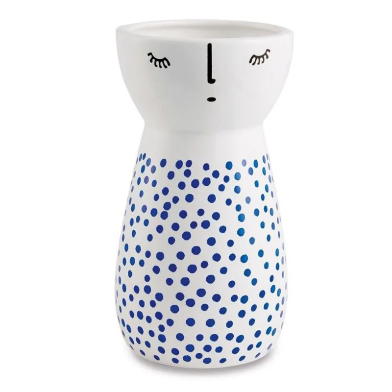 Vaso em ceramica decorativo azul/branco bolinhas 15X7