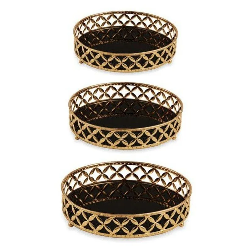 Conjunto Com 03 Bandejas Douradas De Metal Com Vidro Preto 11402 Mart