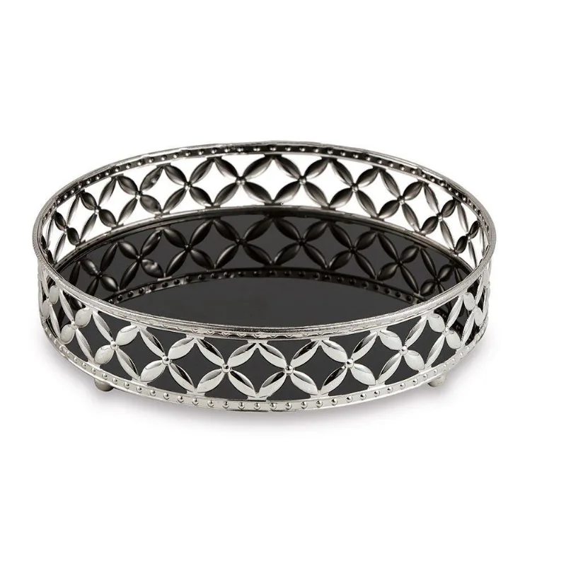 Bandeja Redonda em Metal Prata Com Espelho Preto 5x24,5 Cm